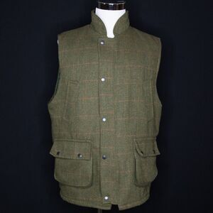 Men's Walker And Hawkes Vest Green Plaid Wool Quilted Lined Snap Zip Sz XL